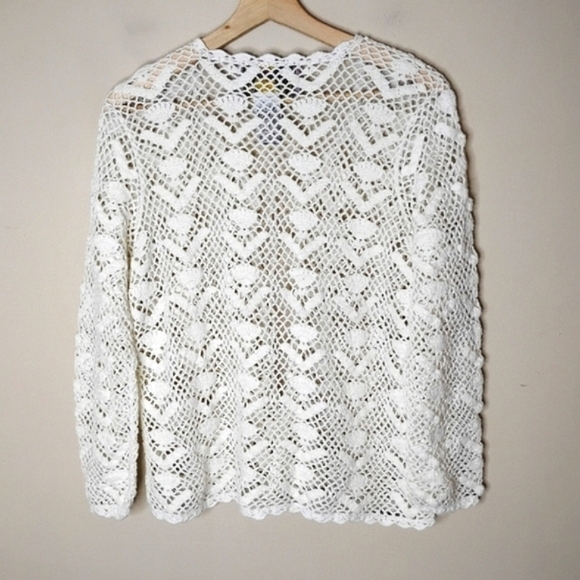 Tiara International Crochet Cardigan M White Vintage Open Front Sweater - Picture 6 of 8